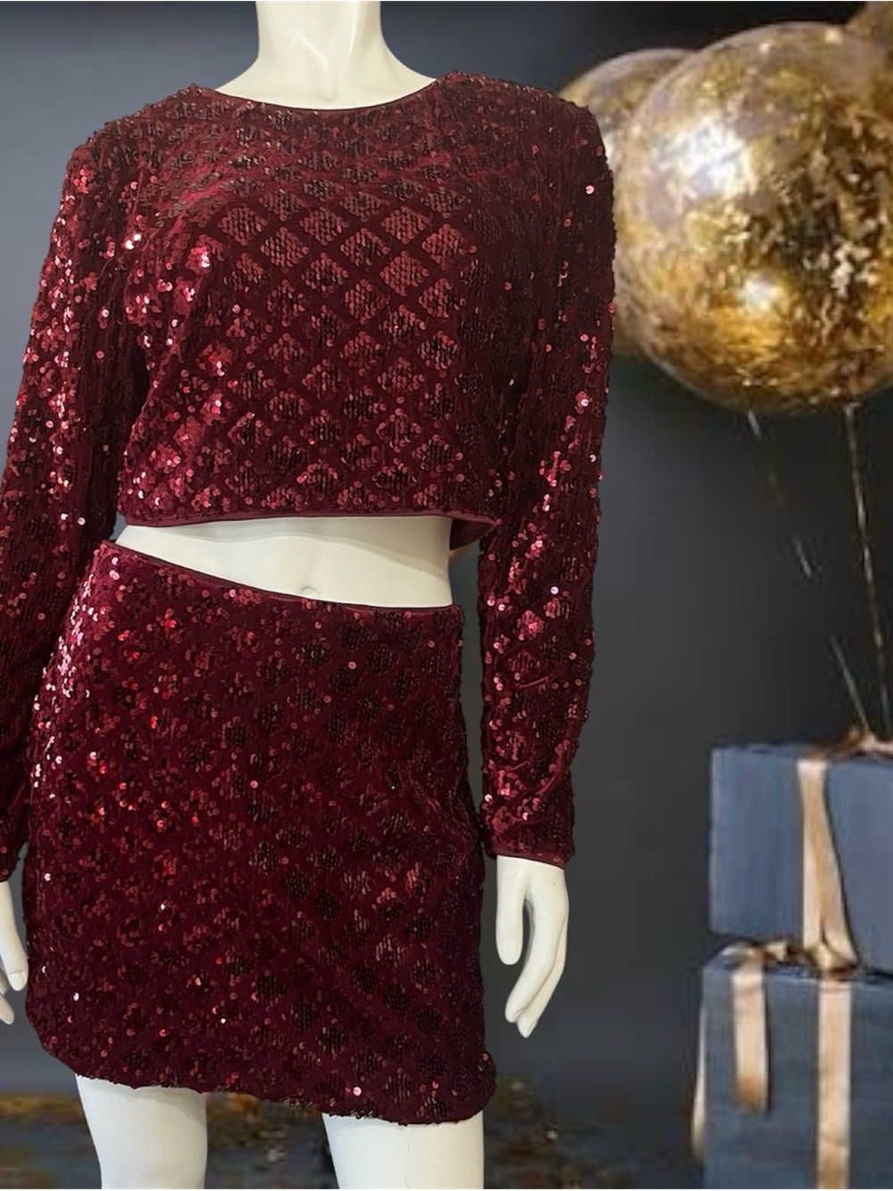 Crystal Doll Burgundy Sequin Two-Piece Party Set